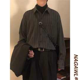 春秋新款ins日系复古条纹百搭衬衫男长袖宽松翻领学生休闲衬衣潮