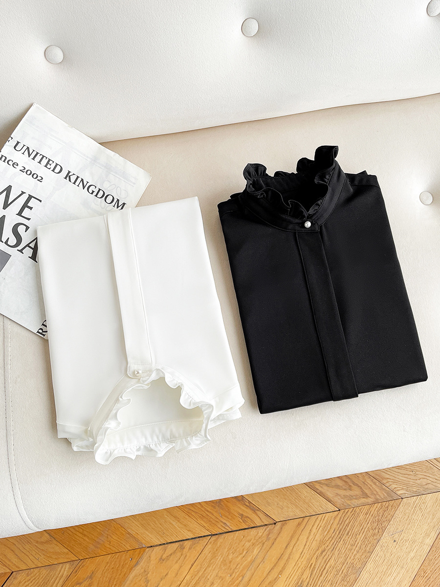 秋の新スタイルライトラグジュアリーデザインニッチサテンフレンチスイート耳立ち襟白シャツレディース人気トップス