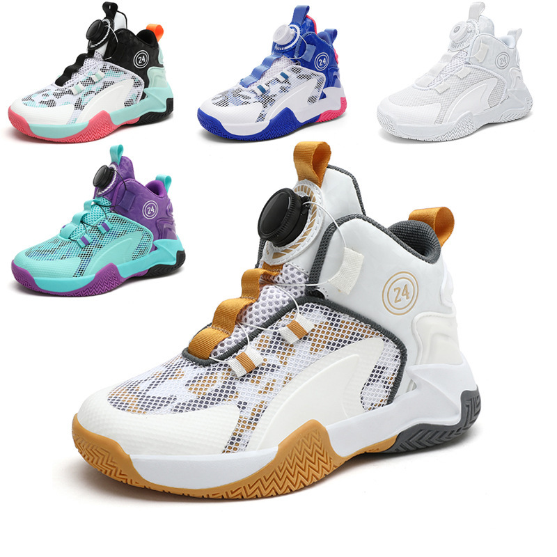Children's Basketball Shoes Boys Rotating Buckle Middle and Big Kids Students Sports Running Shoes Breathable Mesh Sneakers Anti-Slip Ball
