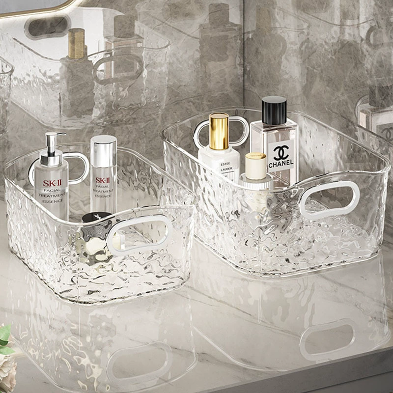Vanity Storage Basket, Handled Clear or Black-Tea Plastic, Small and Large Sizes
