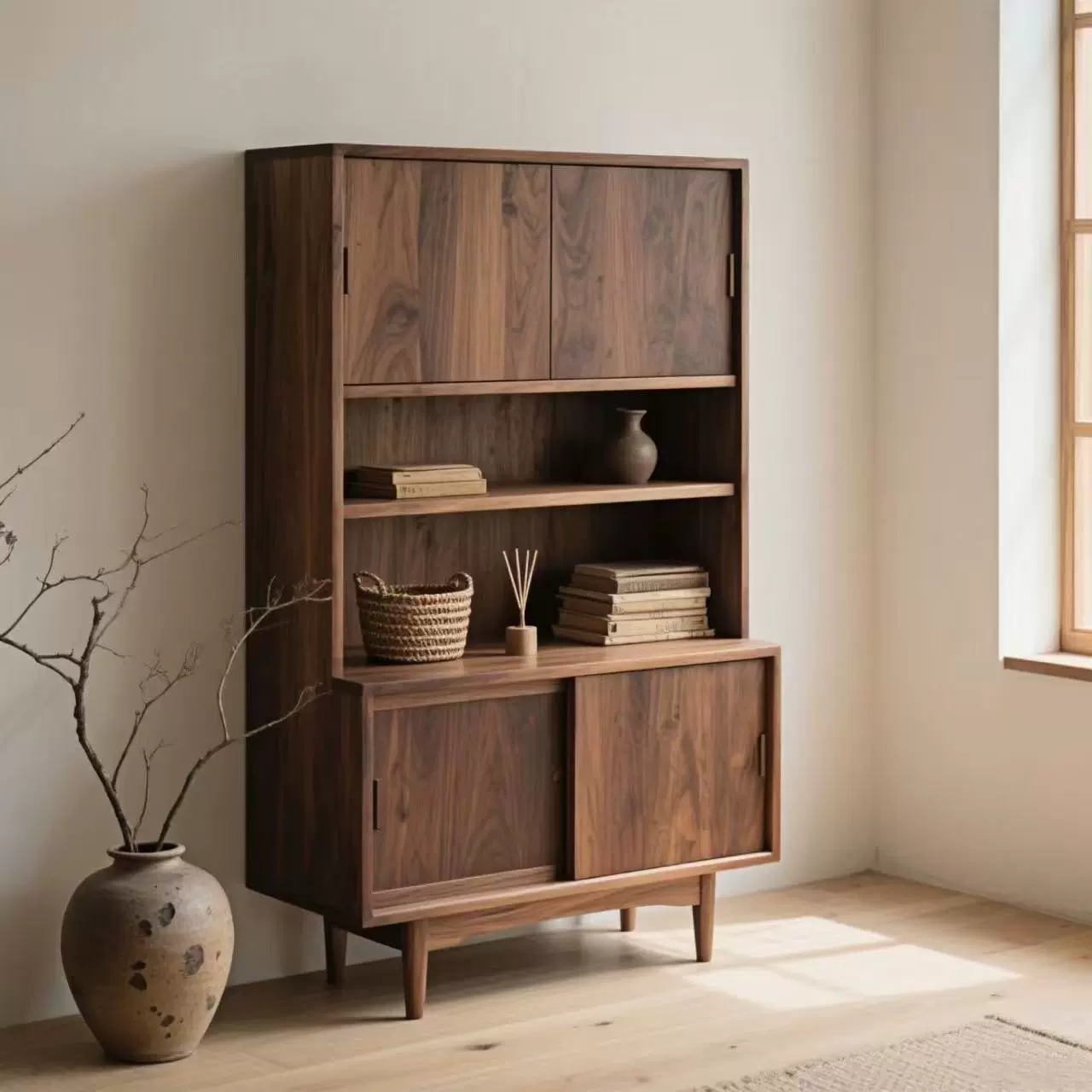 侘寂风实木餐边柜榆木复古家用置物柜客厅多层实木书架民宿装饰柜