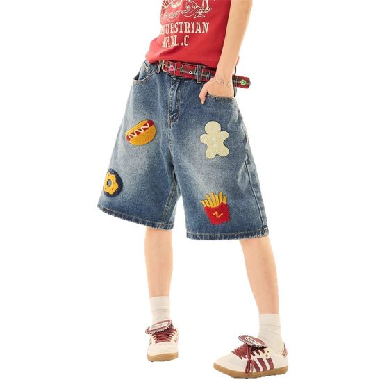 Hamburger Fries Towel Embroidered Quarter Jeans for Hot Girls Summer Loose Denim Mid-Pants Wide-Leg Straight Quarter Pants