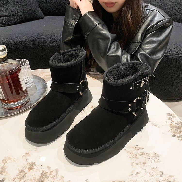 Cizme de zăpadă cu talpă groasă pentru femei, iarna 2023, noi, din pluș și izolație groasă, burete, cizme scurte de zăpadă din bumbac_voghion.com