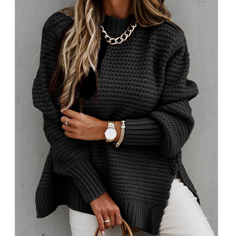 Suéter de Punto con Cuello Medio Alto, Color Sólido, Abertura Lateral con Puños, Estilo Europeo y Americano, Nueva Colección de Invierno 2025 para Mujer