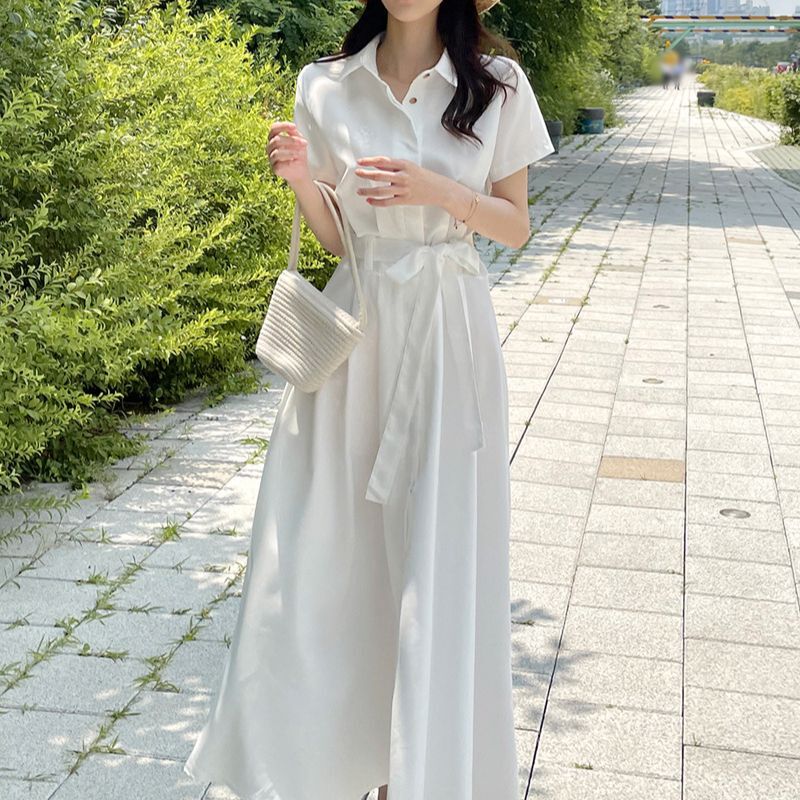 Korean Chic Summer French-Style Elegant Pleated Tie-Waist Slimming Short-Sleeve Long Shirt Dress for Women Korean Chic Summer French-Style Elegant Pleated Tie-Waist Slimming Short-Sleeve Long Shirt Dress for Women