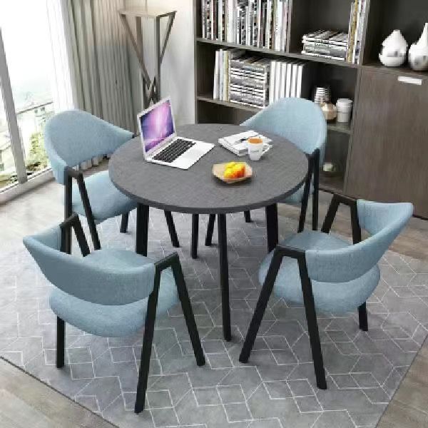 새로운 회색 원형 테이블 + 하늘색 천 의자