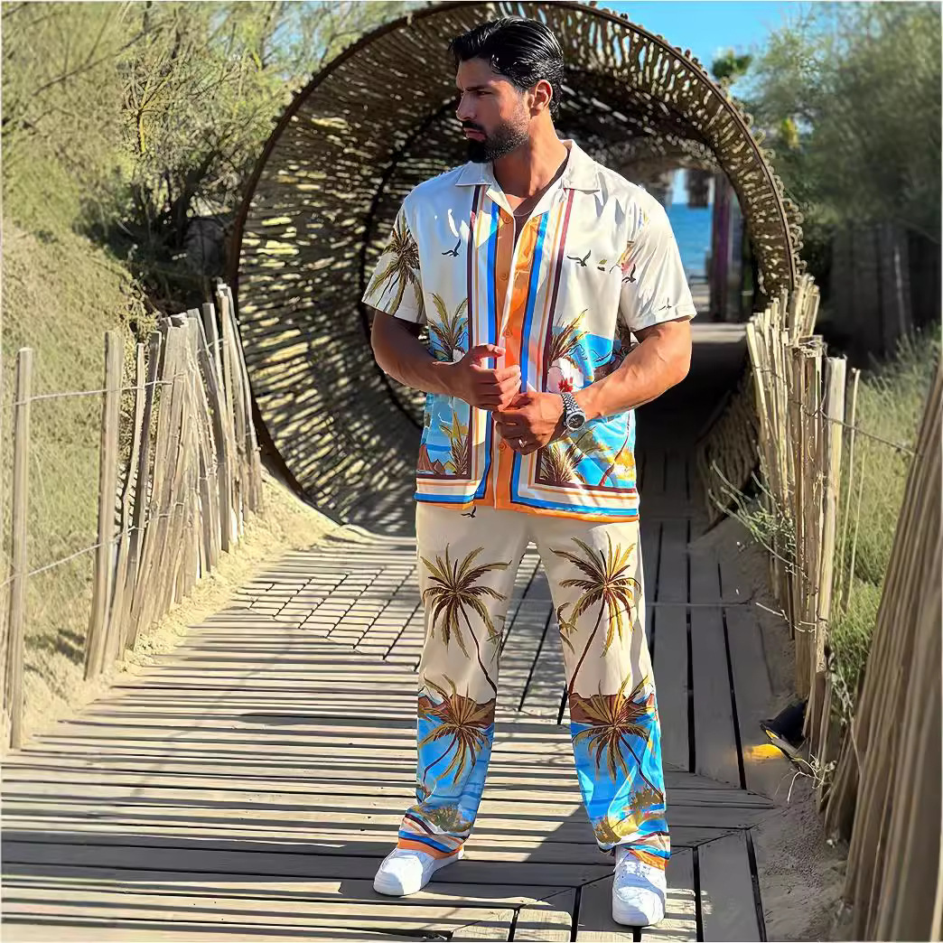 Monochrome Man – Neuer europäischer und amerikanischer Herren-Strandanzug mit Umlegekragen, kurzen Ärmeln und langer Hose, Digitaldruck._voghion.com