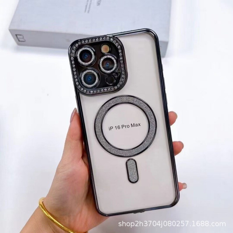 アップルiPhone16の新しいサイドドリル磁気吸引携帯電話15メッキフラッシュ粉14promax保護カバーを適用|undefined
