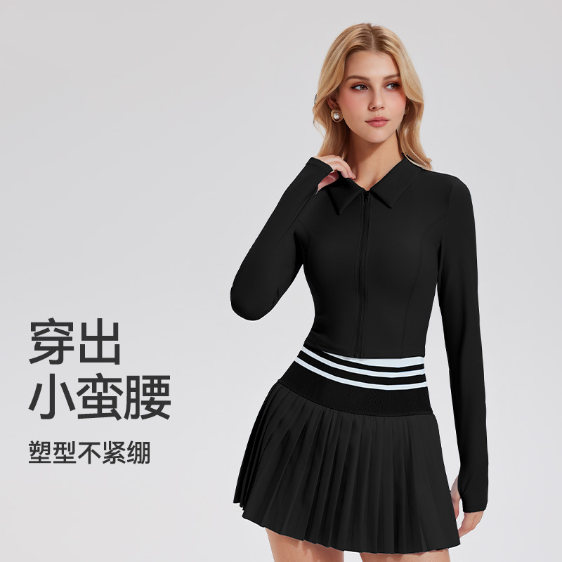 Tenis de mujer corta cremallera cardigan otoño invierno manga larga con solapa chaqueta deportiva de yoga de secado rápido