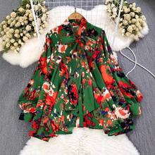 跨境春秋季韩版高级感灯笼长袖蝴蝶结宽松单排扣印花衬衫女装休闲