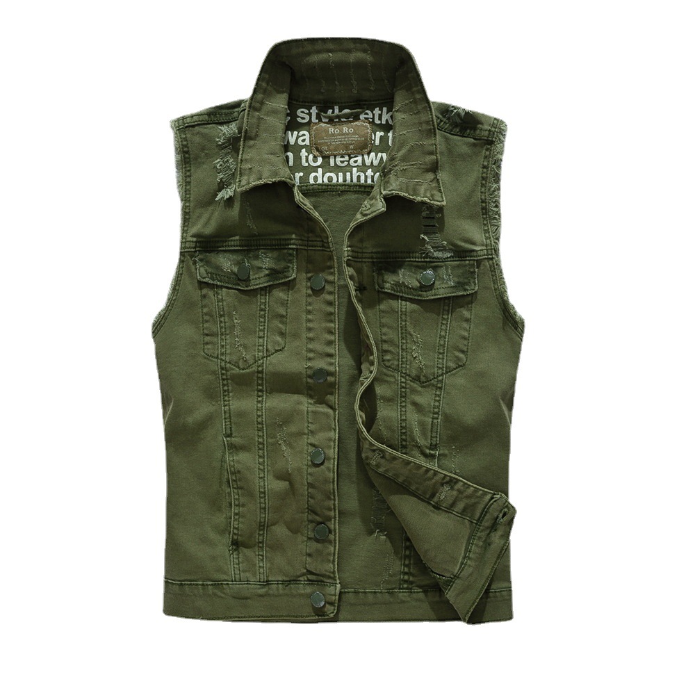 Men's casual military green denim vest with a unique lapel.