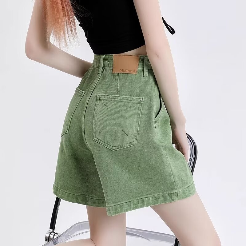 Green Dopamine Wear Denim Shorts Women's Summer New Ins-style High Waist Slimming Spice Girl A- shaped Hot Pants
