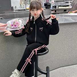 中大童女孩时尚洋气蝴蝶结套装女童春秋季新款休闲运动风两件套