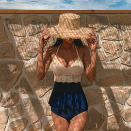 韩版复古风分体泳衣女三角高腰遮肚显瘦性感深V小胸聚拢跨境泳装