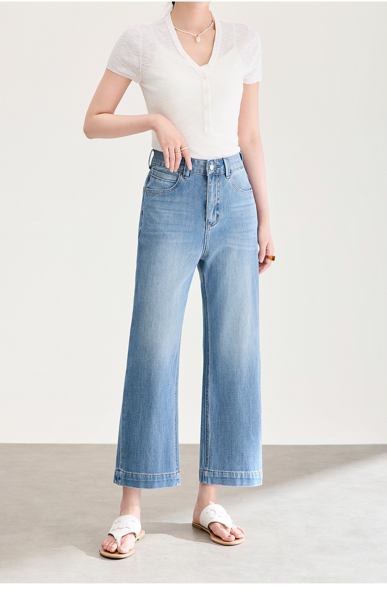 Quần jean nữ cạp cao ống rộng chất liệu cotton pha sợi co giãn mềm mại — xanh lam chi tiết 20