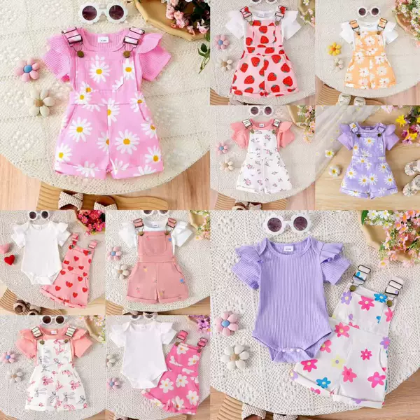 Amazon Spring New Girls' Baby Suit Solid Color Short-sleeved Top with Printed Two-piece Suit