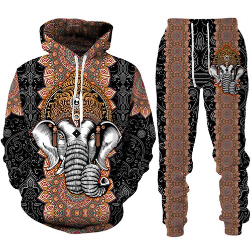 2024 Autumn Four Seasons Cross-Border Set Men's Elephant Pattern 3D Print Long Sleeve Hoodie and Pants Animal Set