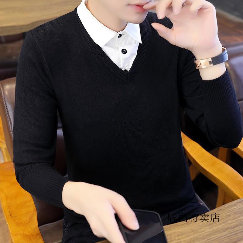 Shirt Collar Fake Two-piece Sweater Men's Korean Style Autumn and Winter New Fashionable Knitted Fake Collar Fleece-lined Thickened Base Shirt Trendy