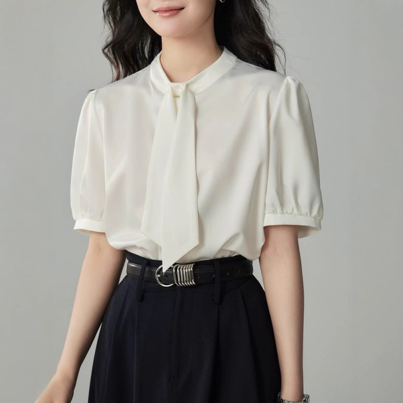 White Satin Short-sleeved Shirt Women's Design Sense Niche Light Mature Hong Kong Style Ribbon Commuter Professional Shirt
