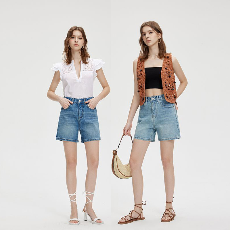 2025 Summer Women's Denim Shorts 8029-5 Bark Wrinkle Lycra Low Stretch Denim Micro Stretch Straight-Leg Quarter Shorts