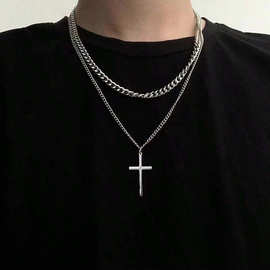 欧美男生嘻哈叠戴十字架项链男潮小众设计感长链子钛钢中长款项链