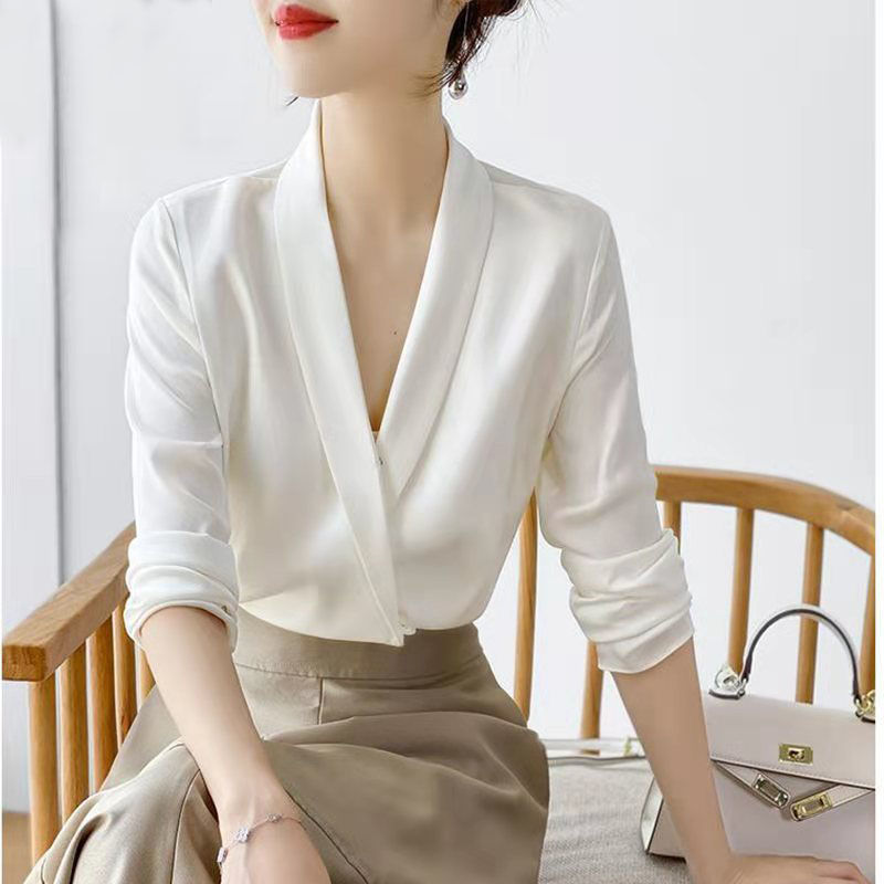 White Shirt for Women, V-Neck, Long-Sleeved, Elegant Commuter Style, Suit Collar, Professional Top, 2026 Spring New Style, Simple Design