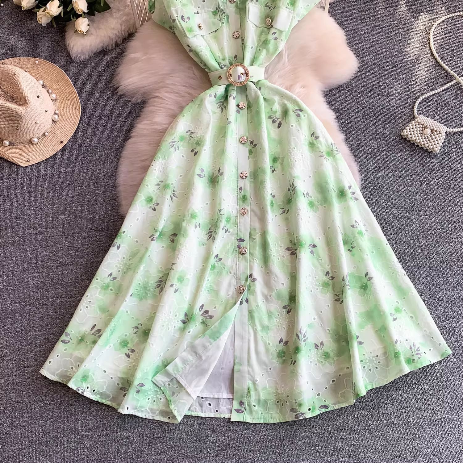 Youthful French Style Embroidered Print Dress With Raglan Sleeves Button Down Waist Cinching Long Light Luxury Summer Dress_ecoleips.com