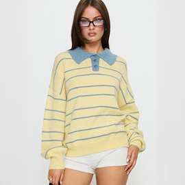 2025欧美跨境时尚新款宽松圆领复古条纹通勤百搭套头毛衣针织衫