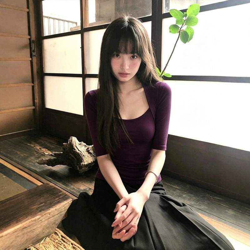[260g Rayon Modal] Purple Gentle Style Fake Two-Piece Mid-Sleeve T-Shirt for Women, Summer Slim-Fit Elegant Top