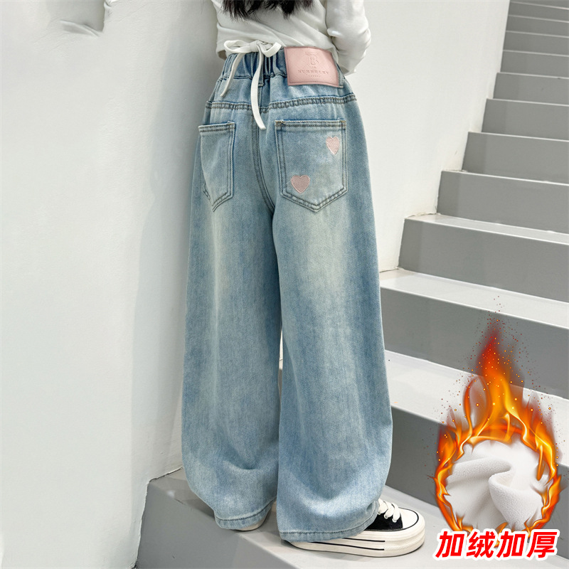 소녀 기모 청바지 겨울 2024 새로운 어린이 스트레이트 다리 바지 소녀 큰 어린이 서양식 가을과 겨울 넓은 다리 바지
