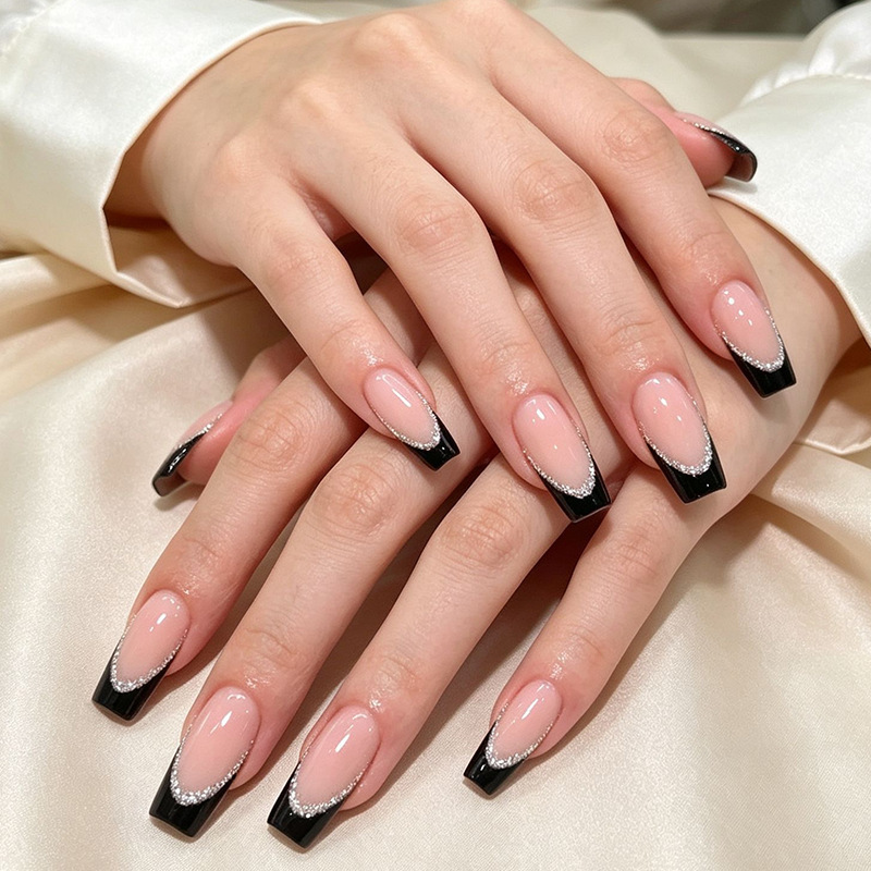 New European and American style black French manicure with silver glitter stripes, elegant long square press-on nails, wholesale
