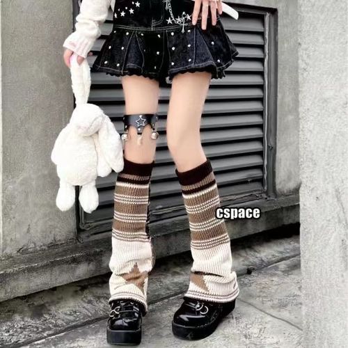 Autumn and Winter British Retro Style Socks with Brown Stripes, Stars, Bellows Leggings, Double-Sided Wearable, Hot Girl's Pile Socks