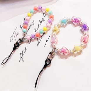 Small fresh short mobile phone lanyard handmade beaded color flower wrist rope candy color anti-lost key hook bag