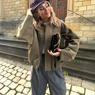 现货跨境欧美女装秋冬仿麂皮绒面质感纯色翻领拉链飞行员夹克外套