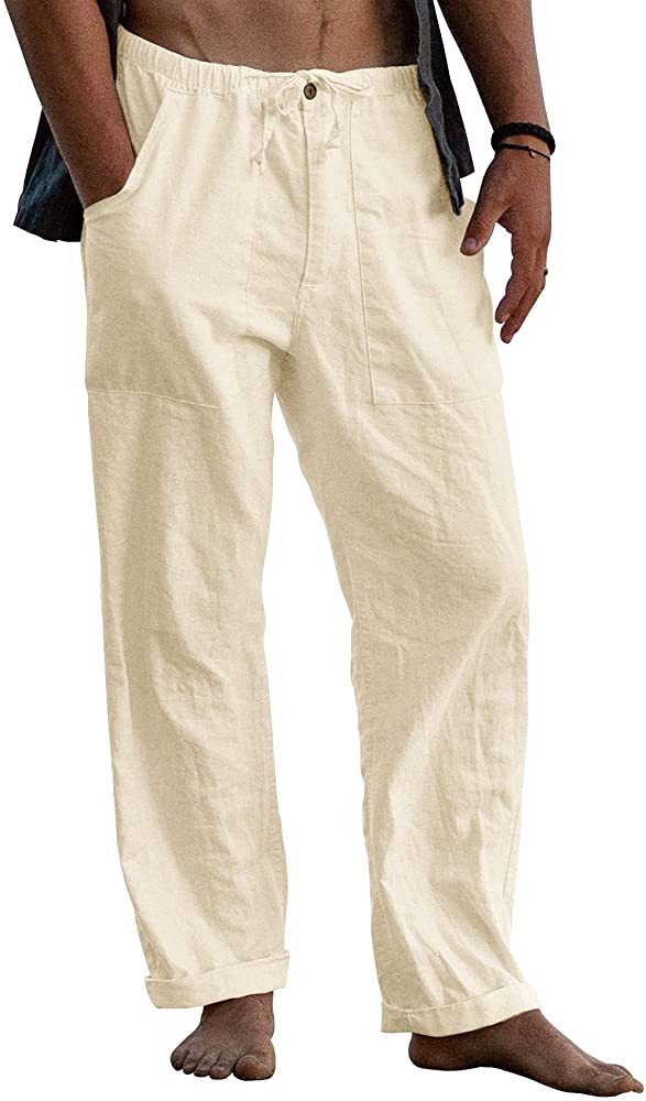 Pantalon en lin pour hommes, Yoga, plage, décontracté, taille élastique, cordon de serrage, poche de ceinture ample, été, 2024_voghion.com