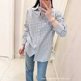 032509女装2026春新款蓝色格子衬衫女长袖宽松翻领百搭上衣