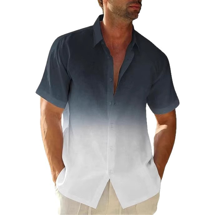 Men's Clothing Men's Gradient Short Sleeve Shirt Summer Casual Breathable Top Cotton Linen Texture For Formal & Casual_viptrois.com