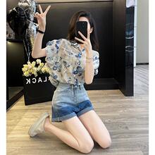 多巴胺休闲运动套装女夏季炸街减龄时尚小个子衬衫牛仔短裤两件套