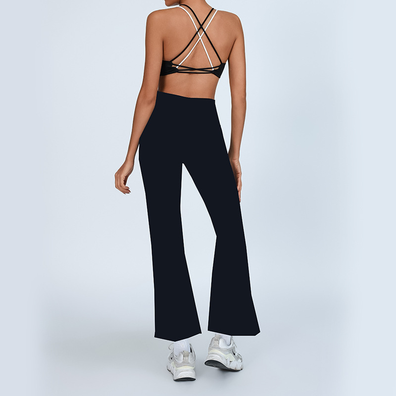 Comercio exterior transfronterizo europeo y americano nuevo traje de yoga belleza femenina chaleco cruzado de color de contraste cintura alta pantalones acampanados blancos de secado rápido