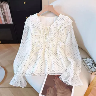雪纺衫v领荷叶边长袖衬衫女2026春季新款超火小衫爱心碎花上衣女
