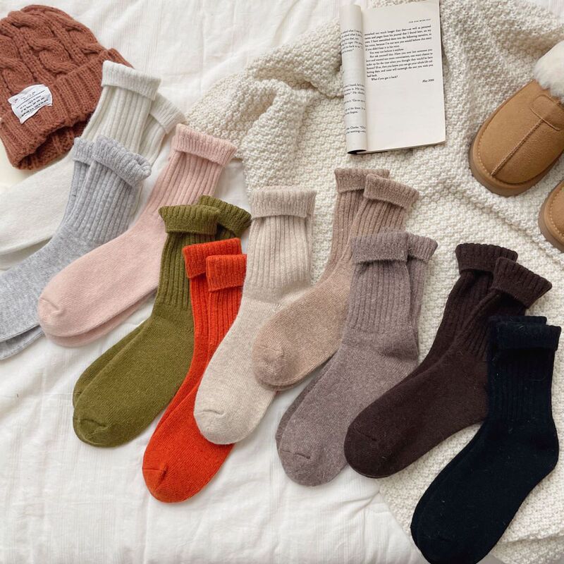 New Autumn and Winter Thick Socks, Japanese Style Solid Color Ribbed Rabbit Wool Women's Mid-Calf Socks, Simple Versatile Slouch Socks, Warm New Autumn and Winter Thick Socks, Japanese Style Solid Color Ribbed Rabbit Wool Women's Mid-Calf Socks, Simple Versatile Slouch Socks, Warm