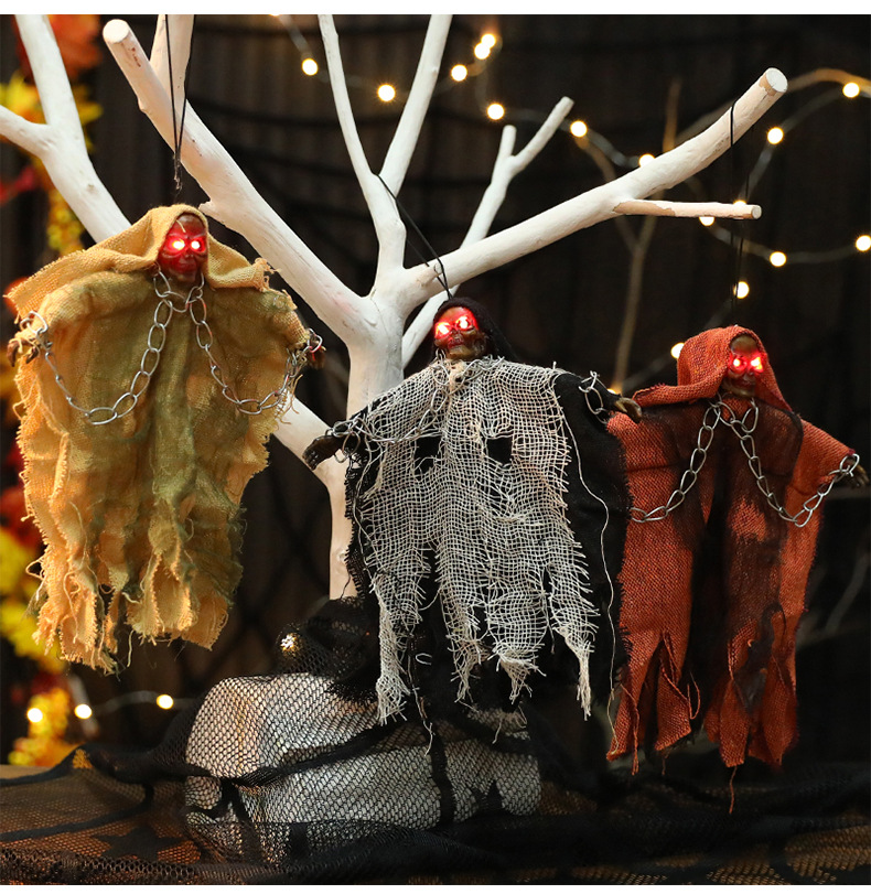 Scary Halloween Hanging Ghost With Chains – Glowing Electronic Laughing Skeleton, Red/Yellow/Black Cloak For Haunted House Party Decor_voghion.com