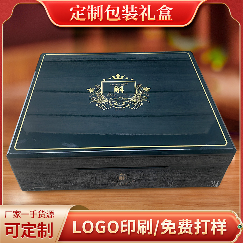 墨绿色石斛钢琴烤漆印刷工艺内侧烫金配亚克力内盒手提袋木盒包装