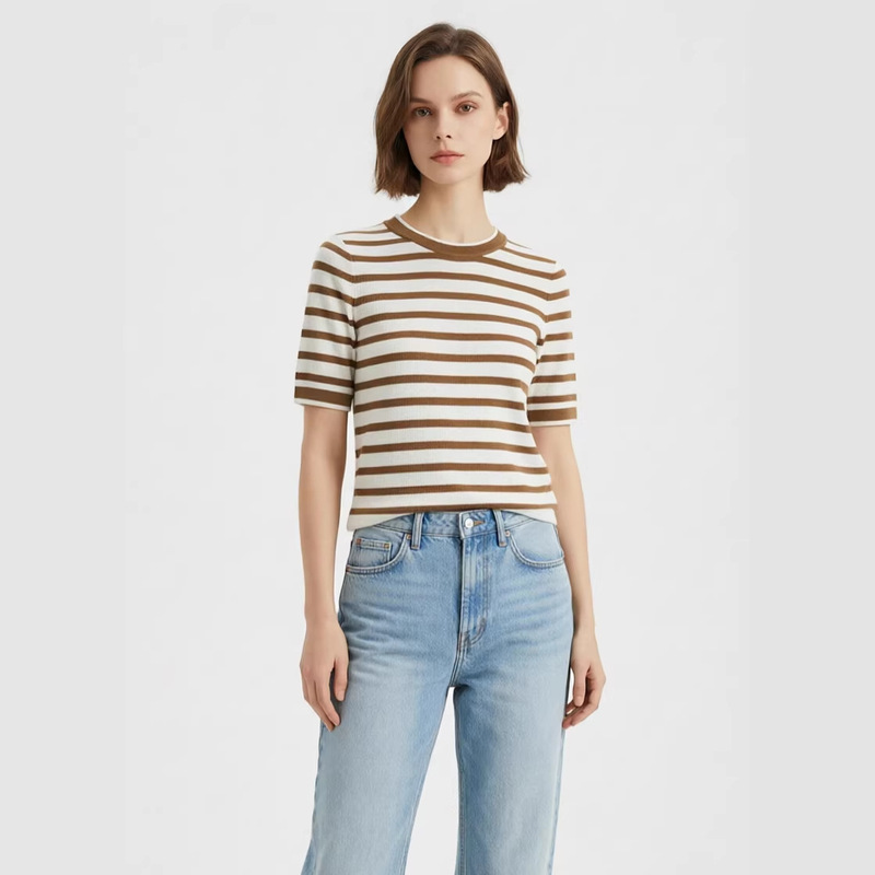 Xiaohe's Same Style Ultra-Fine Tencel Striped Short-Sleeve 2026 Spring Knit Sweater Round Neck Pullover Slimming Versatile Top Xiaohe's Same Style Ultra-Fine Tencel Striped Short-Sleeve 2026 Spring Knit Sweater Round Neck Pullover Slimming Versatile Top