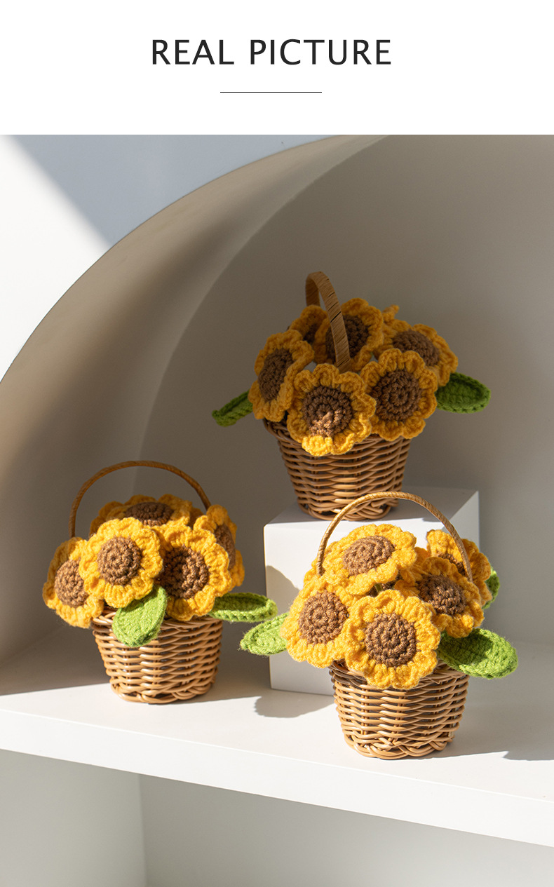 手工针织向日葵迷你花篮成品毛线仿真太阳花盆栽摆件节日礼品摆摊详情6