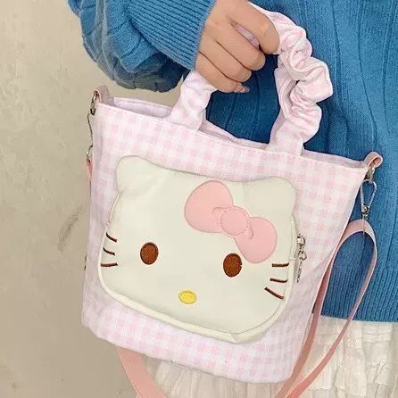 韩版ins卡通可爱凯蒂猫单肩斜挎包包女小众设计百搭格纹甜美背包