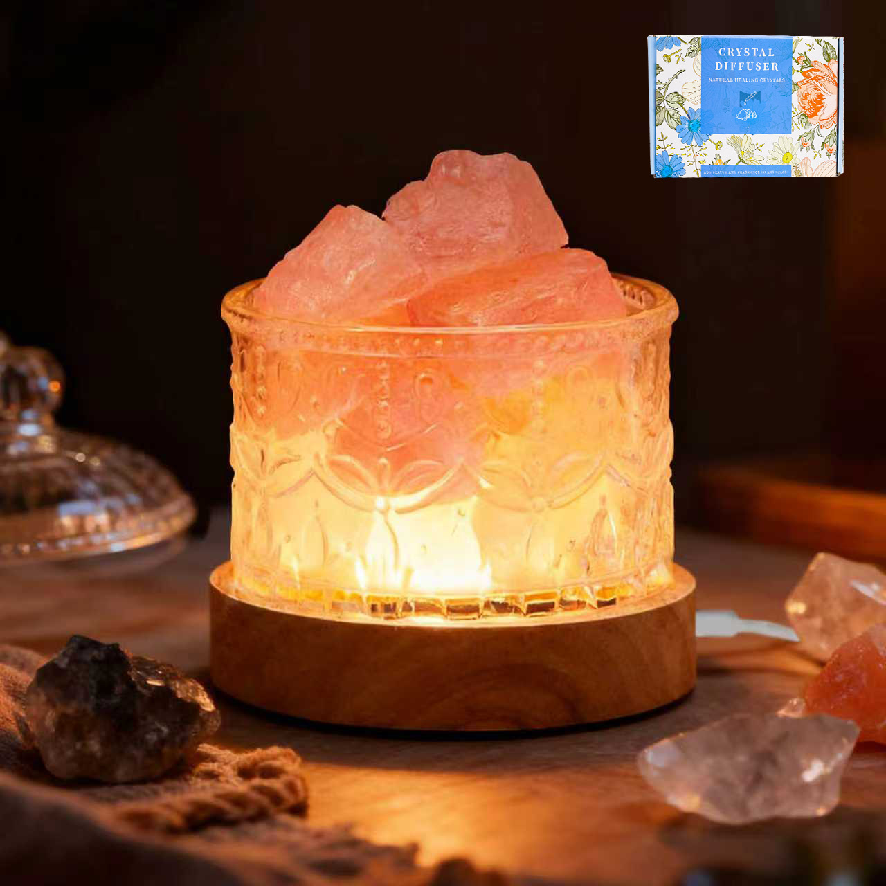 [Caja de regalo] Cristal rosa de 2-4 cm, 300 g + cuenco de cristal con corona + base USB redonda tricolor