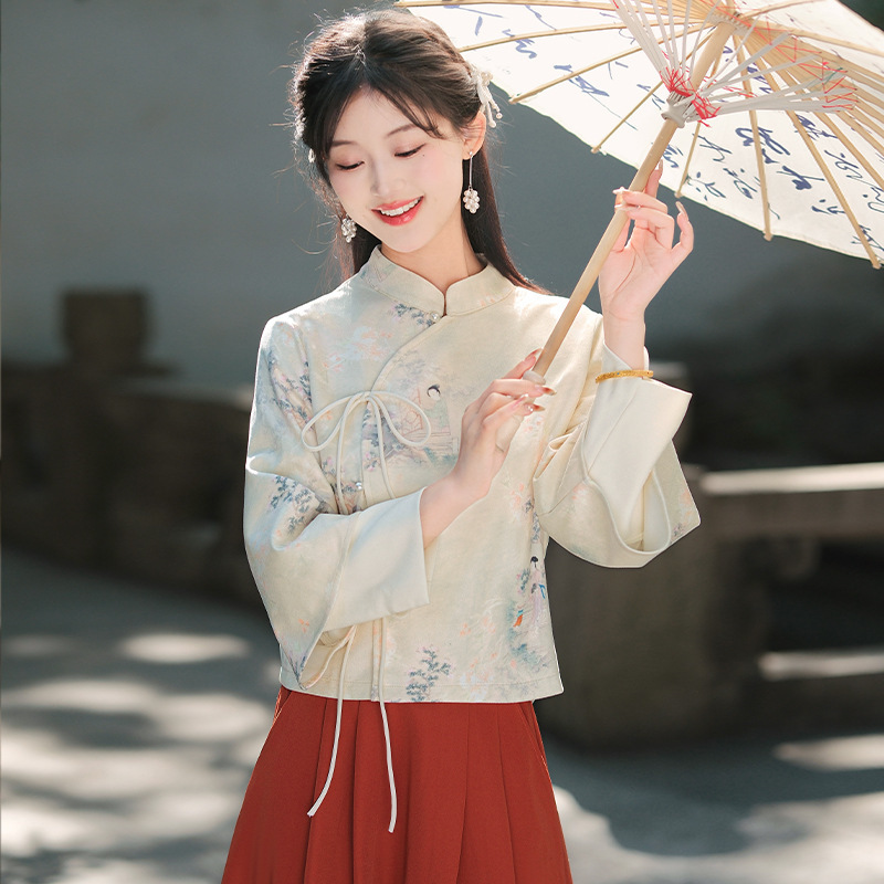 the real price!! New Chinese Style Improved Girl's Cheongsam Top Qiulu Leather Velvet Vintage National Style dress Two-piece Set