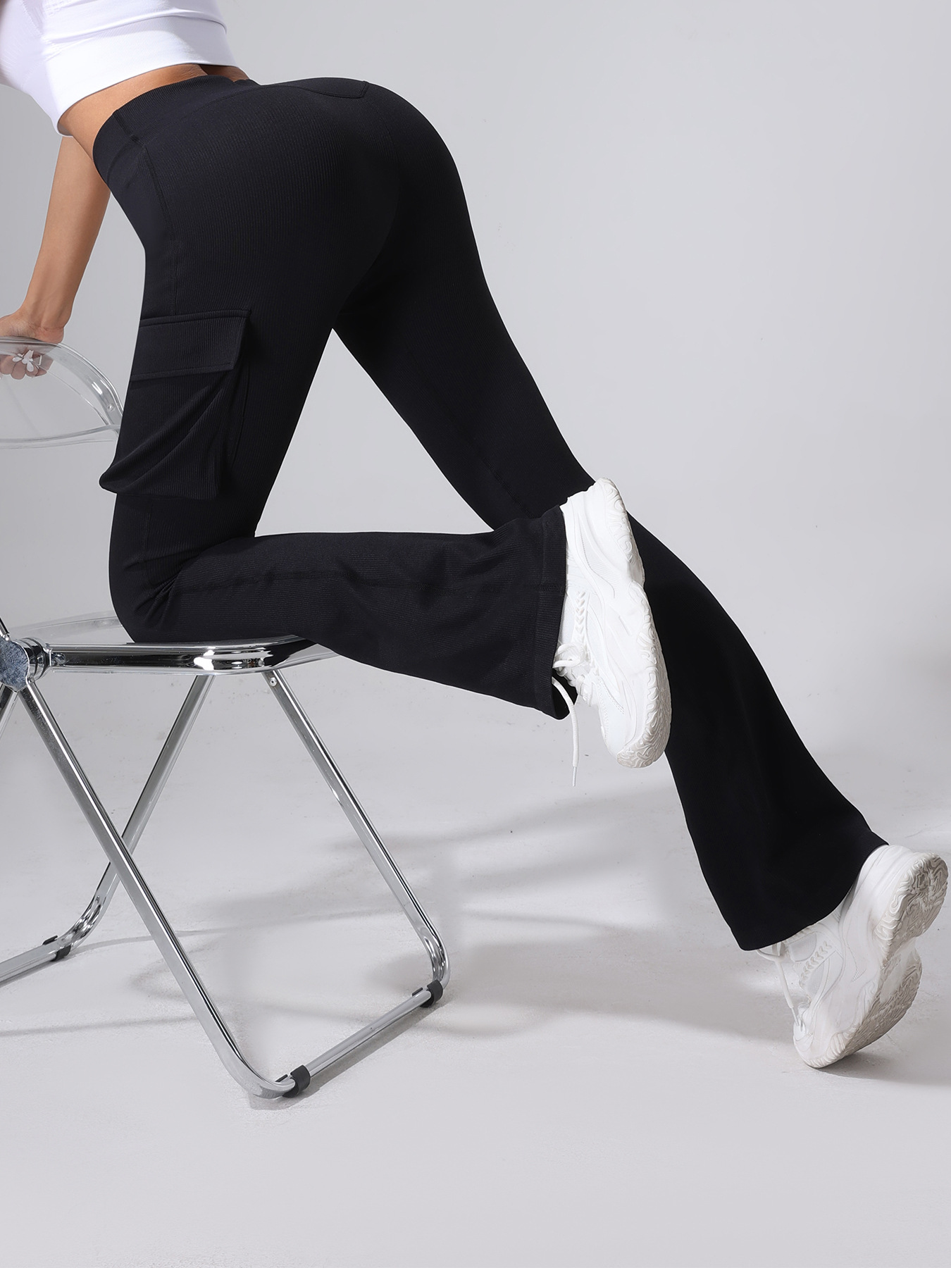 [Personalización] Pantalones de boquilla de rosca con bolsillo para mujeres pantalones de piernas anchas sin costuras pantalones de yoga ajustados de cintura alta