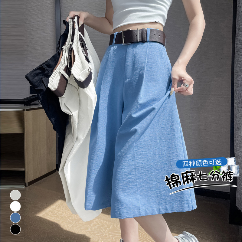 Real Shot of Ice Silk Cotton Linen Cropped Wide-Leg Pants for Women, Summer High-Waisted Slimming Straight-Leg Linen Suit Casual Pants for Petite Figures